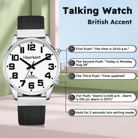 Hearkent British English Talking Watch with Large Numbers Self-Setting for Visually impaired, Blind or Elder People, Men Size (Nylon Black)