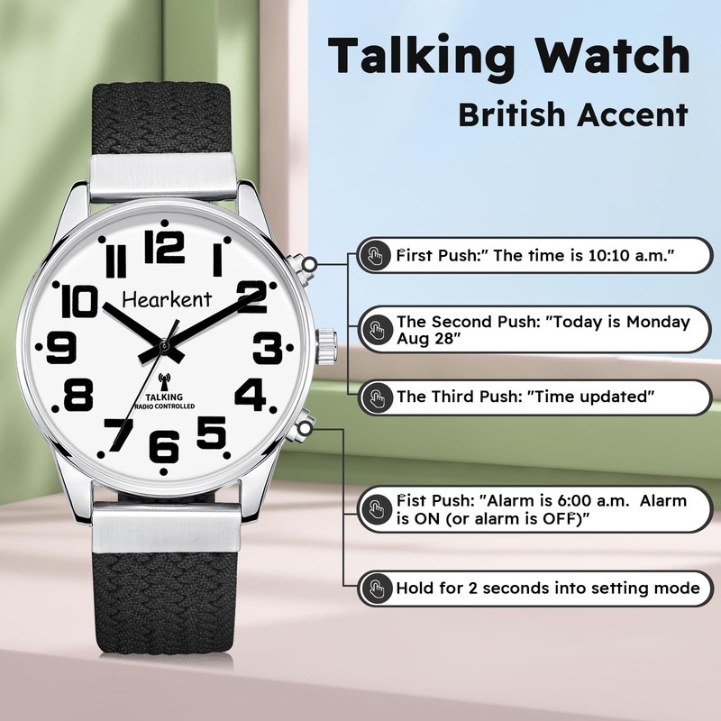 Hearkent British English Talking Watch with Large Numbers Self-Setting for