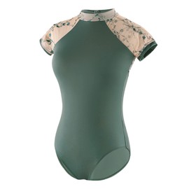 Daydance Green Dance Leotards for Girls Ballet, Hight Neck Embroidery Dance Clothes