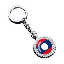Ruoming 1 PCS National Flag Keychain With Rhinestones, Glass Dome Pendant, Silver Metal Chain, Asia (Laos)