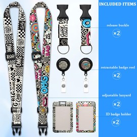 WoEluone 2 Pack Retro Lanyards Badge Holder, Adjustable Lanyard with Retractable Badge Reel, Cool ID Badge Holder for Teens, Teachers, Nurses, Students, Office Staff & Cruise Essentials