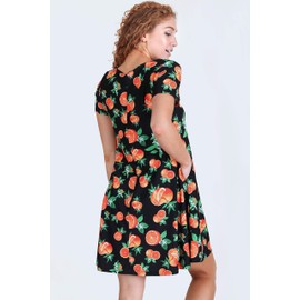 ICONOFLASH Women's Short Sleeve Citrus Fruit Swing Dress with Pockets (Black, Large)