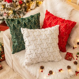 Christmas Tree Green Red Throw Pillow Covers 18x18, Soft Faux Fur Sequins Throw Pillows for Couch Sofa Bed Room Cushion Covers Holiday Decorations