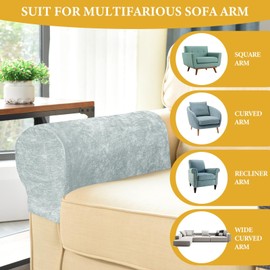 Armrest Chair Covers, Set of 4 Anti-Slip Stretch Chenille Couch Arm Cover with 10 Twist Nails, Armrest Covers Thickened Arm Caps Slipcovers for Sofa Couch Chair Recliner Protector, Aurora Silver