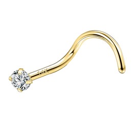 SYLWIA 14K Real Gold Nose Studs 20g 18g, L Shaped Nose Rings Corkscrew, Simulated Diamond CZ Hypoallergenic 18 20 Gauge Nose Ring Piercing for Women Wen Gifts - 2mm 2.5mm 3mm CZ, 20g (0.8mm), Yellow