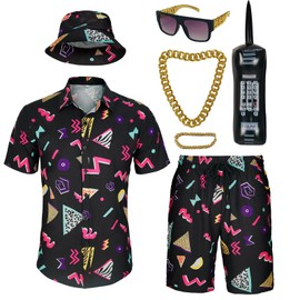 BONGZUO Men's 80s Outfit Set Retro Party Costume with Accessories (Z3808BK,L)