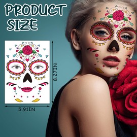 9 Sheets Day of the Dead Face Temporary Tattoos Dia de los Muertos Temporary Tattoo Sticker La Catrina Skull Fake Tattoo for Women Girls Mexican Fiesta Día de los Muertos Party Makeup Costume Supplies