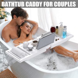 Bathtub Tray Caddy, Expandable Bath Trays for Tub, Bamboo Shelf & Table with Wine Glass Holder,Bathroom Accessories for New Home & Mothers Day & Birthday Gifts for Mom,White