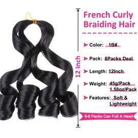 Unionbeauty French Curly Braiding Hair 12 Inch French Curl Braiding Hair 8 Packs Pre Stretched Body Wavy Braiding Hair for Boho Box Braids Crochet Hair Curly Braiding Hair for Black Woman 1B#