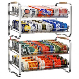 MAXIFFE 2-Tier Can Organizer for Pantry, 16.9"W × 11.5"D × 16.7"H, Stackable Metal Adjustable Hold 40 Cans Rack Storage Holder Dispenser for Soda Drinks Fruits, for Kitchen Countertop, 2 Pack Chrome