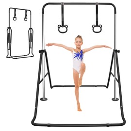 TREATLIFE HOME Adjustable Height Children's Gymnastic Bar with Bear Rings, Sturdy Anti-Rust Steel, Space-Saving Design, Black