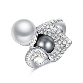 Aprilery Pearl Ring Grey and White Flower Rings for Women Crystal Cocktail ring Size 6
