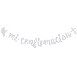 Mi Confirmacion Banner, Spanish My First Holy Communion Sign, God Bless, Mi Bautizo, Baptism, Confirmation, Baby Shower Party Decorations, Silver Glitter