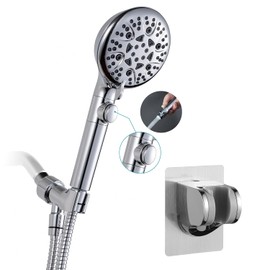 Handheld Shower Head with ON/OFF Switch,Detachable 8 Mode High Pressure Shower Wand with Long Hose and Bracket PLUS Extra Adhesive Holder for Lower Mount,Built-in Power Wash to Clean Tub,Silve