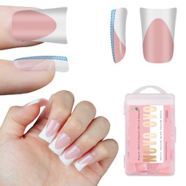 NOVO OVO White French Tip Short Duck Nail Tips Press on, BABY PINK Pre-designed Soft Gel Nail Extension, Extra thick Full Cover Matte Vrial False Nails for DIY x 12 Sizes 240 pcs