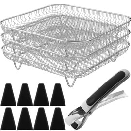 Abizarch 3 Layer Air Fryer Rack Square, 7.8" Air Fryer Grill Rack Accessories,Stainless Steel Grill Dehydrator Rack Stackable Air Fryer Basket with Feet & Anti-Scald Clip for Air Fryer Baking Cooking