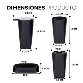 FSY FASILYT Juego 4 Accesorios de Baño | Set Organizador | Dispensador de Jabón Elegante | Jabonera | Cesto de Basura Práctico | Vaso Multiuso | Kit de Baño Moderno| (Negro)