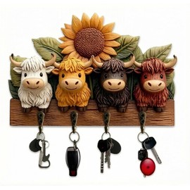 Copbopwn Highland Cow Key Holder for Wall 2D Rustic Wooden Key Rack with 4 Hooks Highland Cow Ornaments 25x19cm Farmhouse Wall Mounted Key Hanger for Entryway Hallway Home & Office Organization (SETB)
