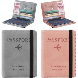 DQST 2 PACK Cartera para Pasaporte RFID, Pasaporte Funda para Hombres y Mujeres, Protector de Pasaporte, Viaje Accesorios Mujer. (Gris+Rosa)
