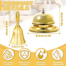 LELE LIFE 2 Pack Hand Bell and Desk Bell, All-Metal Loud Service Bell Dinner Bell, Call Bell Ring Bell for Kitchen, Restaurant, Bedside, Bar, Hotel, Front Desk, Shiny Gold