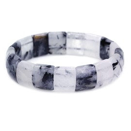 Keleny Natural Black Rutilated Quartz 15mm Square Grain Faceted Beaded Stretchable Rock Crystal Bangle 7.5 Inch Unisex