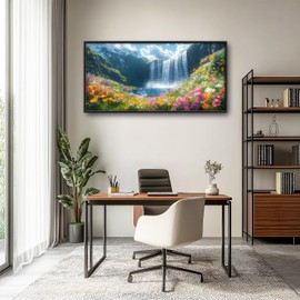 Waterfall Large Wall Art Sunshine Flower Pictures Wall Decor Floral Canvas Landscape Painting Modern Artwork Home Decoration for Living Room Bathroom Bedroom Office Framed 60"x30"