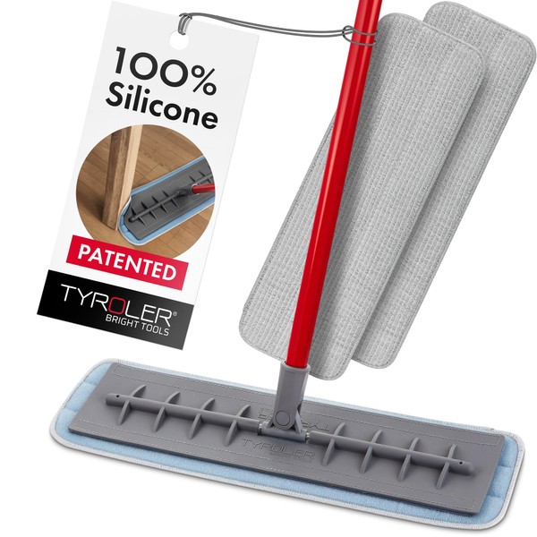 Tyroler Microfiber Patented Floor Mop, 100% Silicone Won't Scratch Furniture. Long Aluminum Anti-Rust Handle, Fit to Hardwood, Walls, Laminate, Parquet & Tile - 2 Free Microfiber Pads