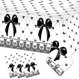 3Pcs Black Bow Tablecloths Disposable Rectangle Waterproof Table Cover Bow Theme Black Bow Birthday Party Decorations Coquette Birthday Party Supplies