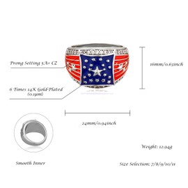 JINAO American Flag Rings for Men 14K Gold-Plated - Patriotic Chunky Ring with 5A Cubic Zirconia Border & Oil Painting Craft, Mens Fashion Jewelry 7-11 (Silvery, 11)