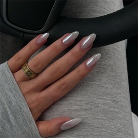 YOSOMMK Medium Fake Nails Almond Press on Nails with Chrome Designs Glossy False Nails Grey Stick on Acrylic Nails for Women and Girls