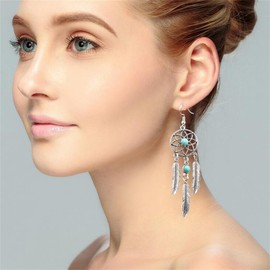 Blue Turquoise Dream Catcher Feather Earrings for Women Vintage Bohemian Western Jewelry Native American Indian Dream Catcher Feather Dangle Earrings Fashion Punk Cool Turquoise Feather Hollow Earrings Boho National Style Ear Drop Earrings Leaf Feather S