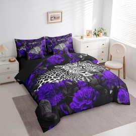 3D Cheetah Bed in a Bag King Size Comforter Set 7 Pieces,Purple Rose Leopard Print Bedding Sets Romantic Flowers African Safari Animals Sheet Set with Comforter,2 Pillowcases,2 Throw Pillow Covers