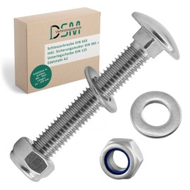 DSM - Carriage Bolts M8 x 30 mm DIN 603 - M8 Locking Nut DIN 985 & Washer DIN 125 - A2/V2A Stainless Steel - Square Head Screws - Stop Nuts - Pack of 25