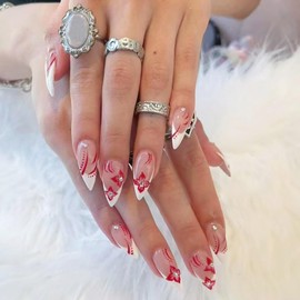 24 Pcs French Tip Press on Nails Medium Almond Fake Nails Red Flower False Nails with Rhinestones Design Spring Artificial Nails Full Cover Stick on Nails Glossy French Acrylic Nails for Women