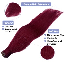 Dark Wine Human Hair Extensions 22" Long Straight Burgundy Tape in Extensions 60grams 20pcs Silky Tape Remy Hair Extensions, Color #99J
