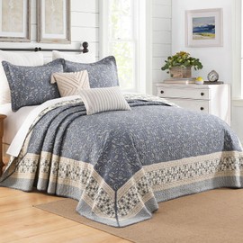 FineStichery 100% Cotton Oversized Quilt 120"x120", Extra Large King Bedspread, Farmhouse Botanical Bed Spreads Coverlet, Lightweight Quilted Bedding Cover, 3 Piece, Grayish Blue/Beige