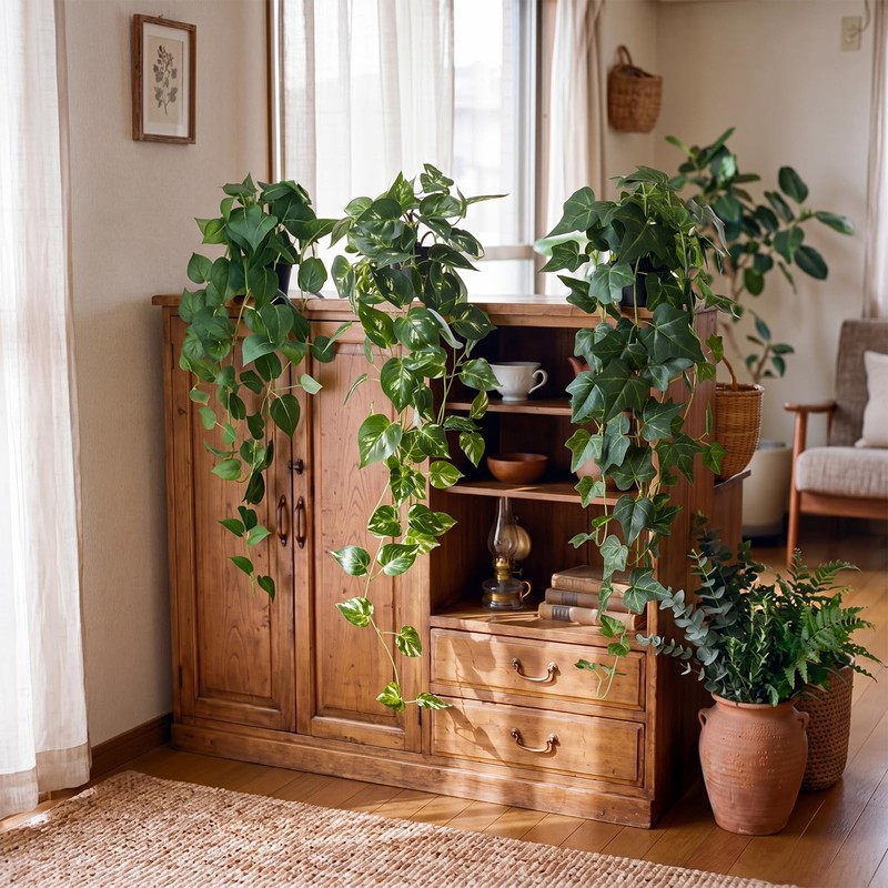 Juinte 3 Pcs Fake Hanging Plant with Pot Faux Pothos