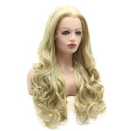 Meiyite Hair Wavy Long 26inch Two Tone Honey Blonde Mix Half Hand Tied Heat Resistant Synthetic Lace Front Wigs