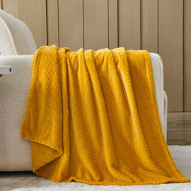 NEWCOSPLAY Super Soft Throw Blanket Mustard Yellow Premium Silky Flannel Fleece Leaves Pattern Lightweight Bed Blanket All Season Use (Mustard Yellow, Throw(50"x60"))