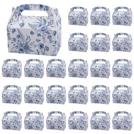 OLYCRAFT 30Pcs Blue Floral Paper Present Boxes 9x9x16cm Party Favor Box with Handles Floral Printed Candy Pouch Party Cardboard Pocket for Wedding Birthday Tea Bridal Shower