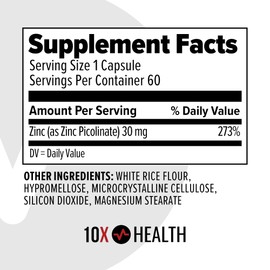 10X Health Zinc Supplements - Contains Zinc 30mg for DNA & Protein Synthesis, Overall Wellness & Immune Support Supplement - Highly Absorbable Vitamins (60 Capsules)