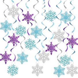 20Pcs Winter Snowflake Hanging Swirls Decorations, Winter Hanging Ceiling Streamers Purple Blue White Snowflakes Garland for Winter Wonderland Baby Shower Winter Birthday Party Decorations