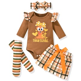 fioukiay My First Thanksgiving Baby Girls Outfit Turkey Romper Short Skirt with Headband Infant Newborn Clothes Set, Yellow Plaid, 0-3 Months
