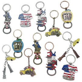 3QUZ 12 Pack NYC Souvenir Keychain Collection, New York Metal Souvenir Gifts Keychain Ring Bundle, Bulk, Includes Statue Of Liberty, Empire State, Broadway, Metro Bottle Opener(Color May Vary), 4Inch