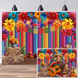 Dudaacvt 10x8ft Mexican Party Decorations Mexican Theme Backdrop Fiesta Photo Backdrop Cinco De Mayo Carnival Colorful Flags Striped Floral Banner Table Decor Background