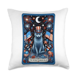Russian Blue Cat Mama Dad 4th of July Patriotic Tarot Card Throw Pillow