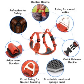 Plutus Pet No Pull Dog Harness, Reflective Adjustable Dog Vest Harness with Handle, Escape Proof, Soft Padded for Small Medium Large Dogs (Orange, M)