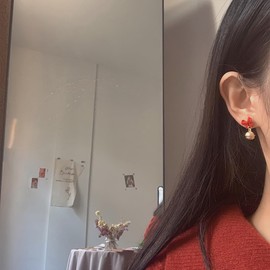 Cute Red Bow Small Stud Gold Plated Bell Charm Dangle Drop Earrings for Women Girls Sterling Silver Post Hypoallergenic Christmas Ribbon Lightweight Dangling Fashion Jewelry for Xmas Decoration Party