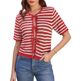GRACE KARIN Elegant Women's Summer Short Cardigan Bolero Cardigan with Bow Short Sleeve Striped Top, Red and white stripes