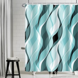 Uiiooazy Shower Curtain, Blue Turquoise, Shower Curtain, Abstract Geometric Pattern, Stripes, Shower Curtain, Anti-Mould, Waterproof Polyester Fabric, Washable Bathroom Curtain with 12 Hooks for